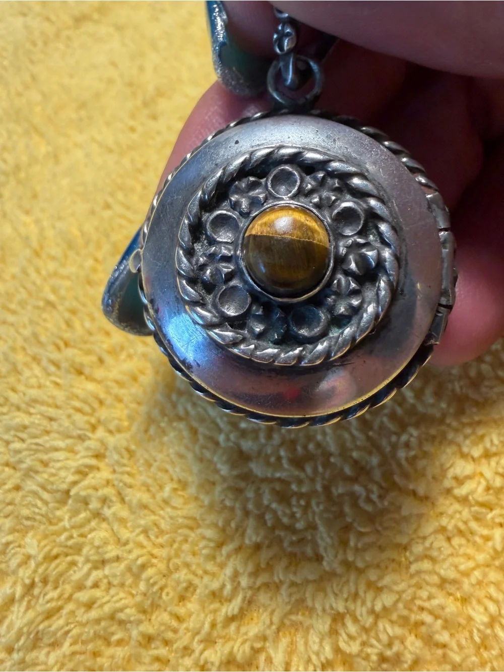 Sterling Silver Taxco Tiger's Eye Locket Pendant - Yellow Stone